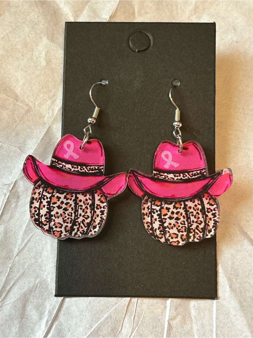 🤠 Pink Cowgirl Hat Leopard Pumpkin Breast Cancer Earrings NWT Closet Promo!
